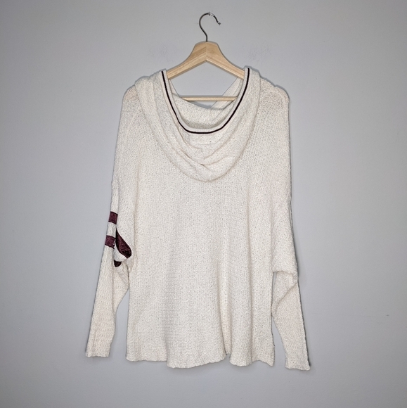 Free People Linen Love All Hoodie Pullover Ivory Burgundy Combo Knit Size Small - Picture 9 of 13